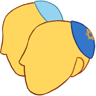 Two people, one partly in front of the other, looking to the left and wearing kippot. The person behind wears a light blue kippah, and the person in front wears blue kippah with a golden Star of David on it.